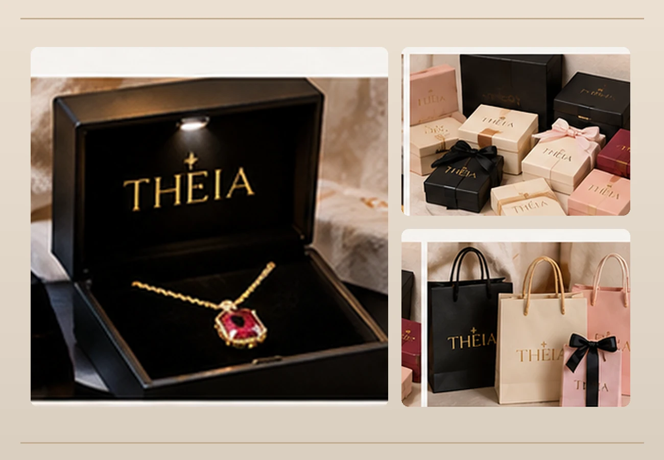 Jewelry presentation boxes, coordinated gift packaging and branded THEIA bags