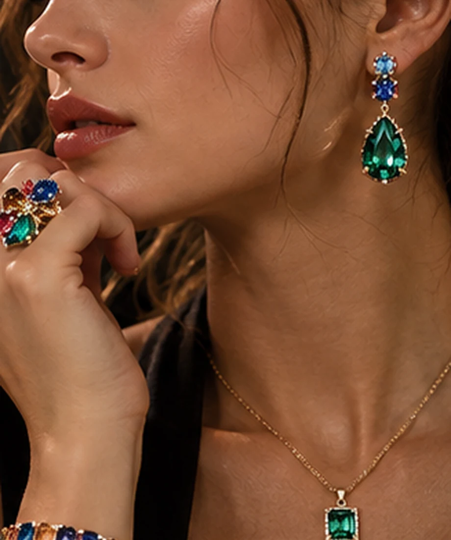 THEIA model wearing colorful statement gemstone-style fashion jewelry