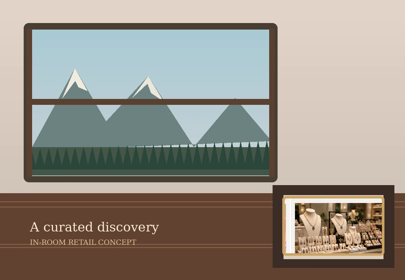 Illustration of a boutique mountain cabin with in-room jewelry retail presentation